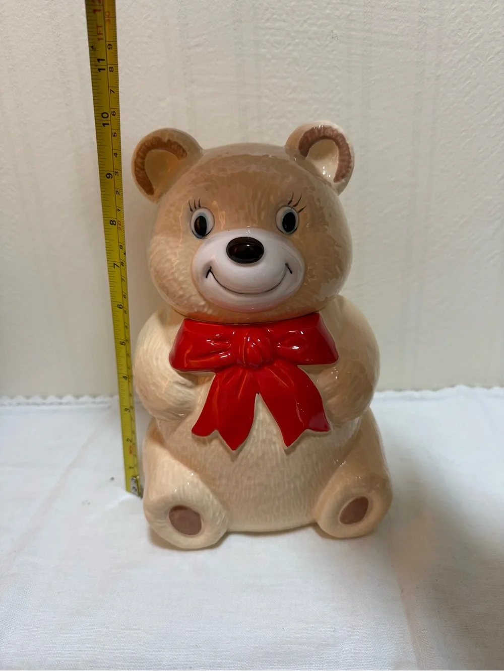 Japan Ceramic Pottery Teddy Bear Jar Beige Red Bow Glossy Finish 9 in